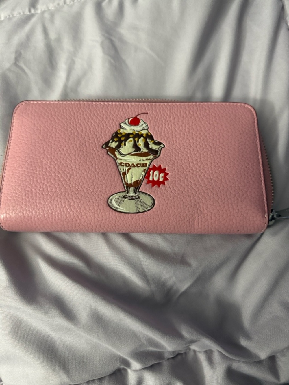 COACH Pink Pebbled Leather Zip Wallet with Ice Cream Sundae Patch